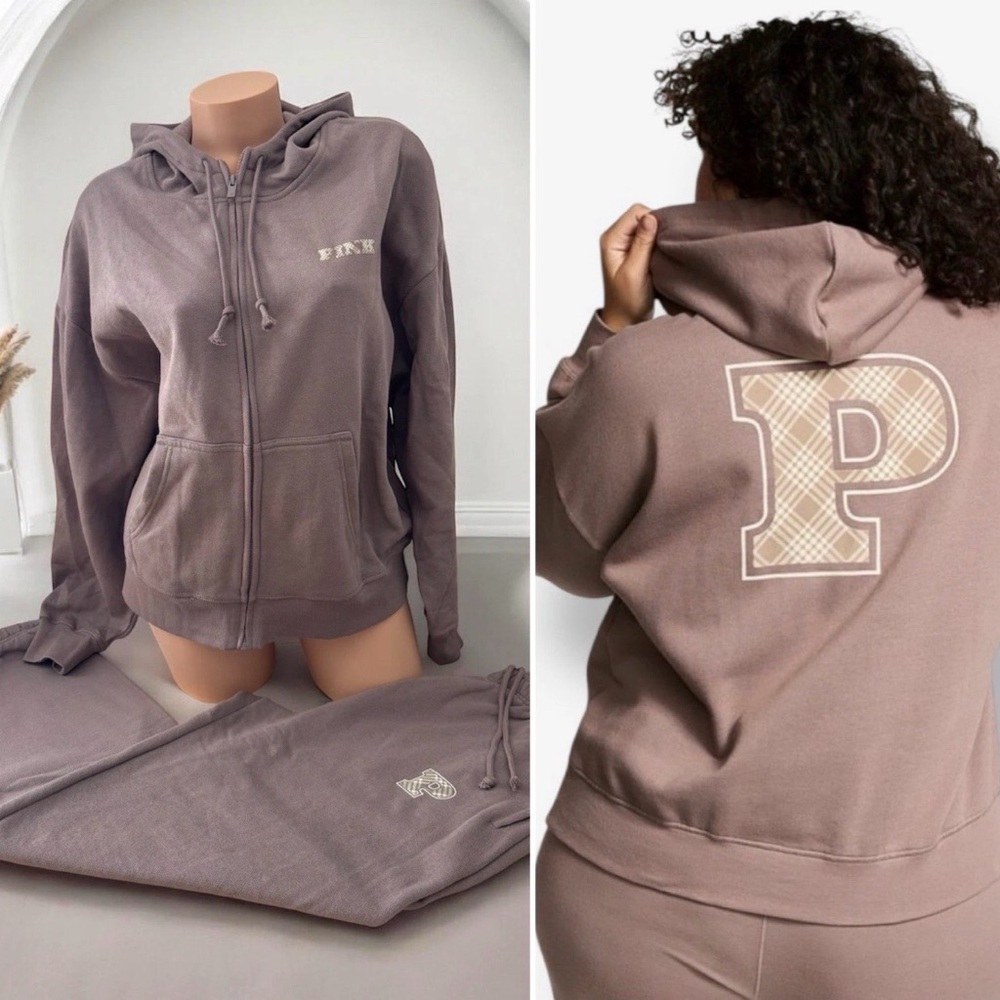 PINK Victorias Secret Ivy Fleece Full Zip Hoodie & Jogger Sweatpants Tan Medium